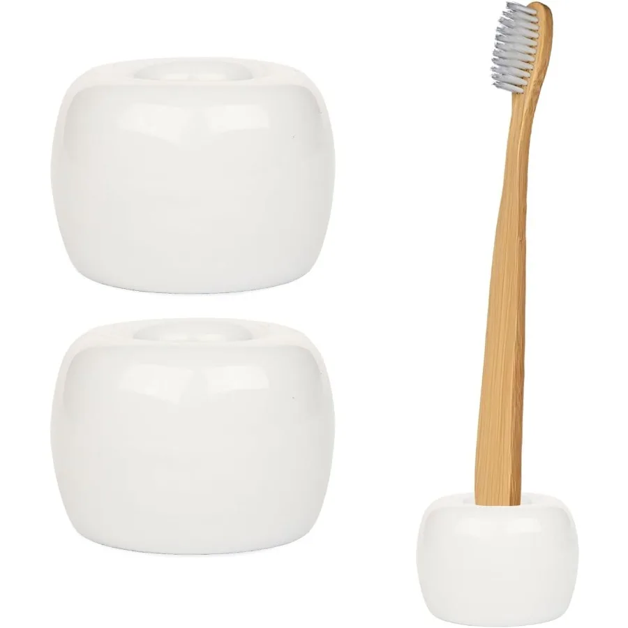 

Ceramic Toothbrush Holder Compact Bathroom Organizer for Vanity Countertop Ventilated Design for Quick Drying 2-Piece Set White