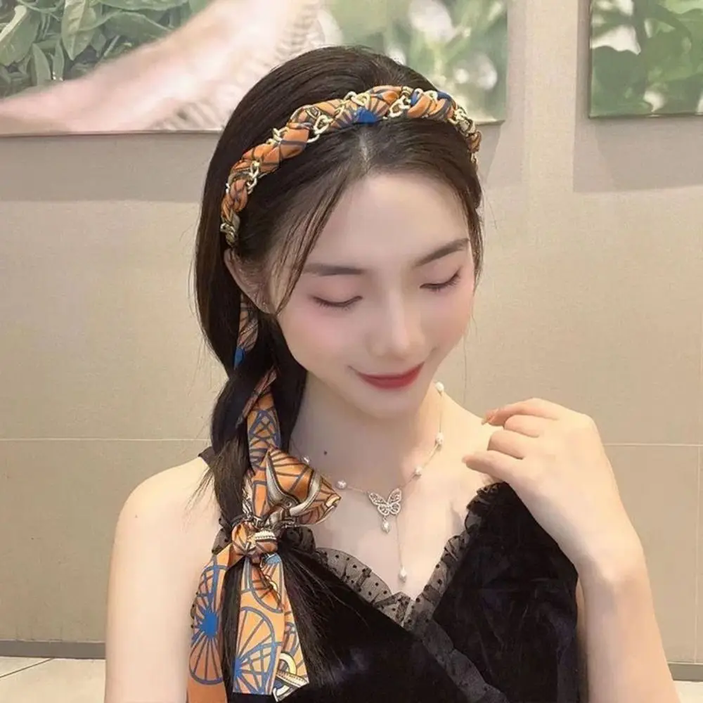 Printing Women Hair Hoop Ribbon Cloth Korean Hairband Ponytail Holder Hair Accessories Silk Scarf Headband Braided Hair Hoop