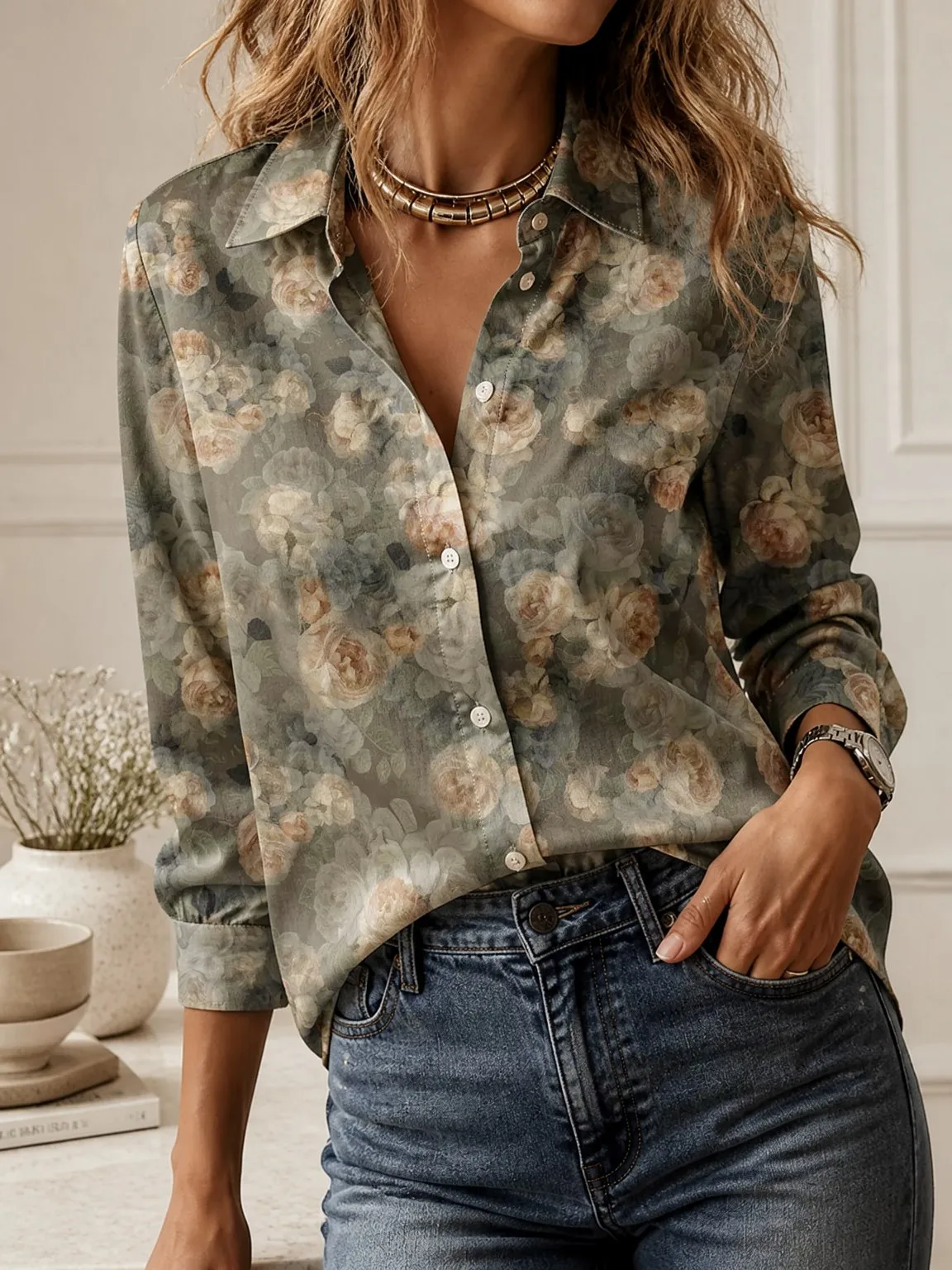 Casual All-match Collared Blouse, Women Long Sleeve Loose Fit Elegant Outdoor Daily Commuter Top view 5
