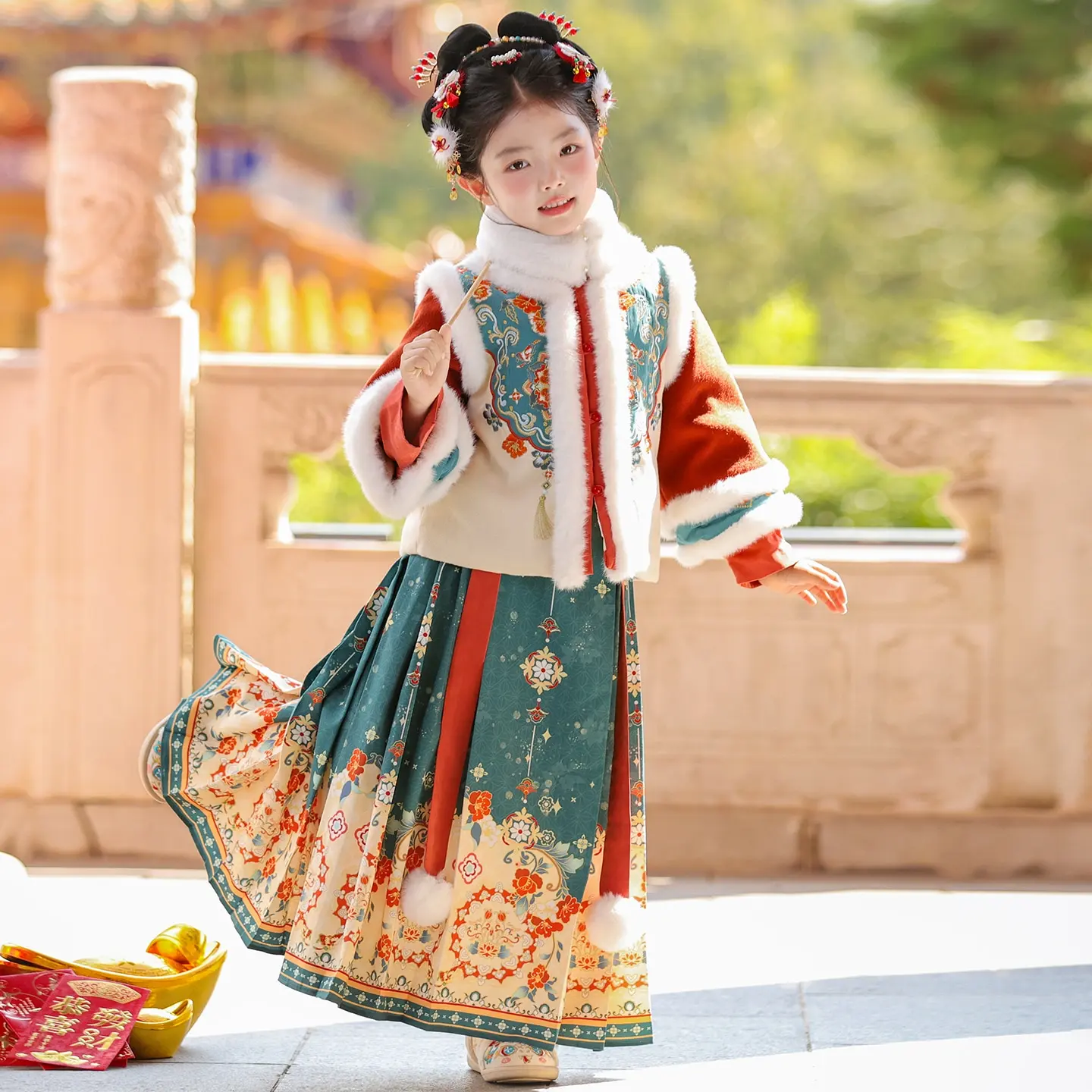 الفتيات شتاء جديد دافئ فستان هانفو الاطفال الصينية القديمة الجنية مبطن الحصان الوجه تنورة مجموعة الأطفال 2026 السنة الجديدة زي #4