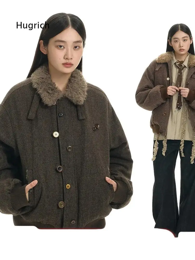 Unisex Coffee Brown Wool Blend Flight Jacket Faux Shearling Collar Button Closure Ribbed Hem Vintage Retro Fall Winter Outer