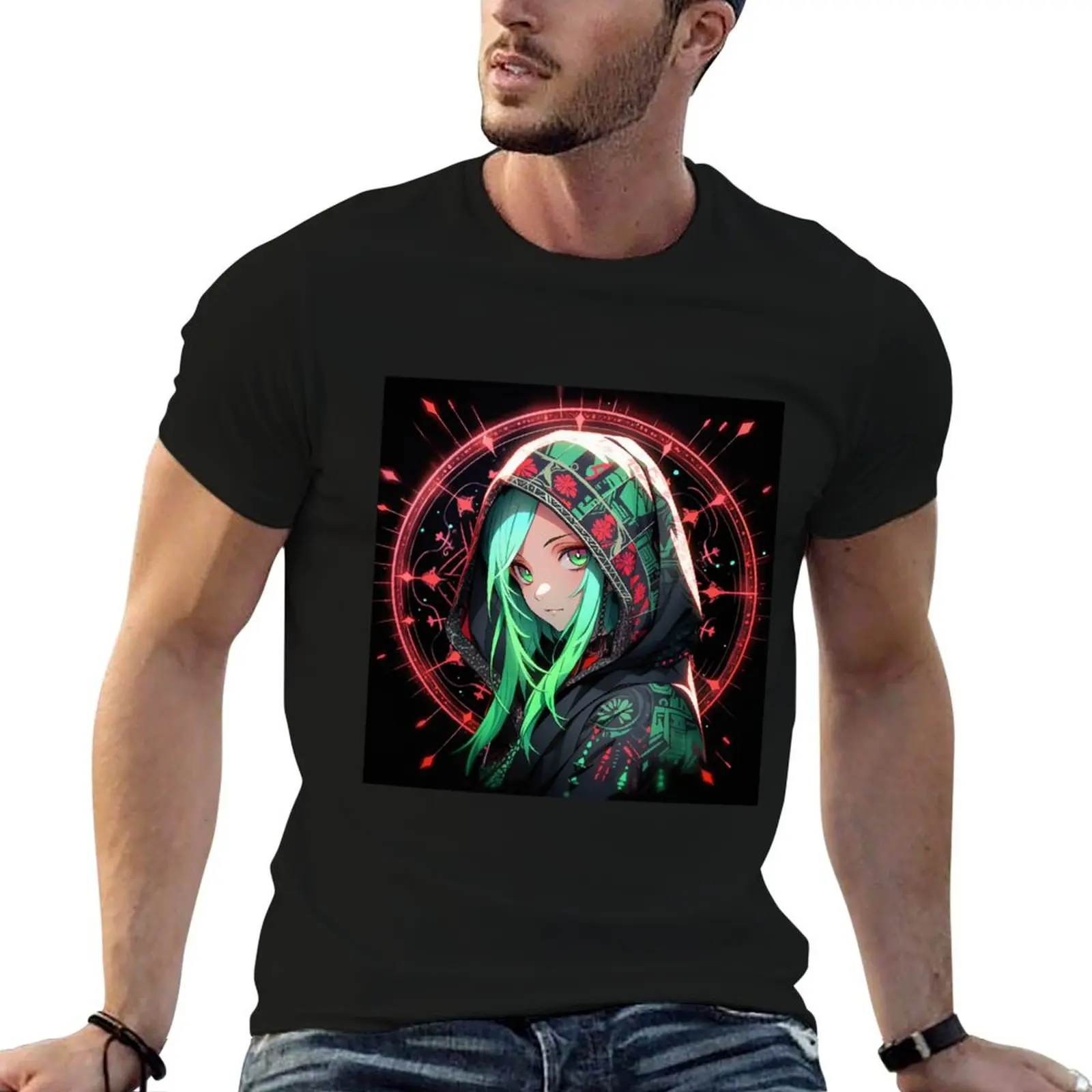 Mystical Hooded Green Hair Anime Girl T-Shirt cute tops blanks designer shirts shirts graphic t shirts for men cotton