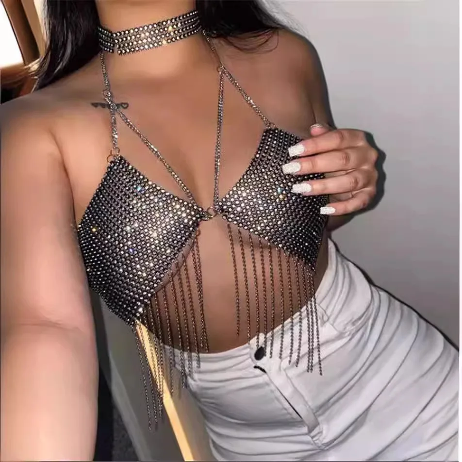 Tassel Fringe Metal Mesh Body Chain V Neck Halter Crop Top Party Rave Club Beach Vacation Night Out Outfit