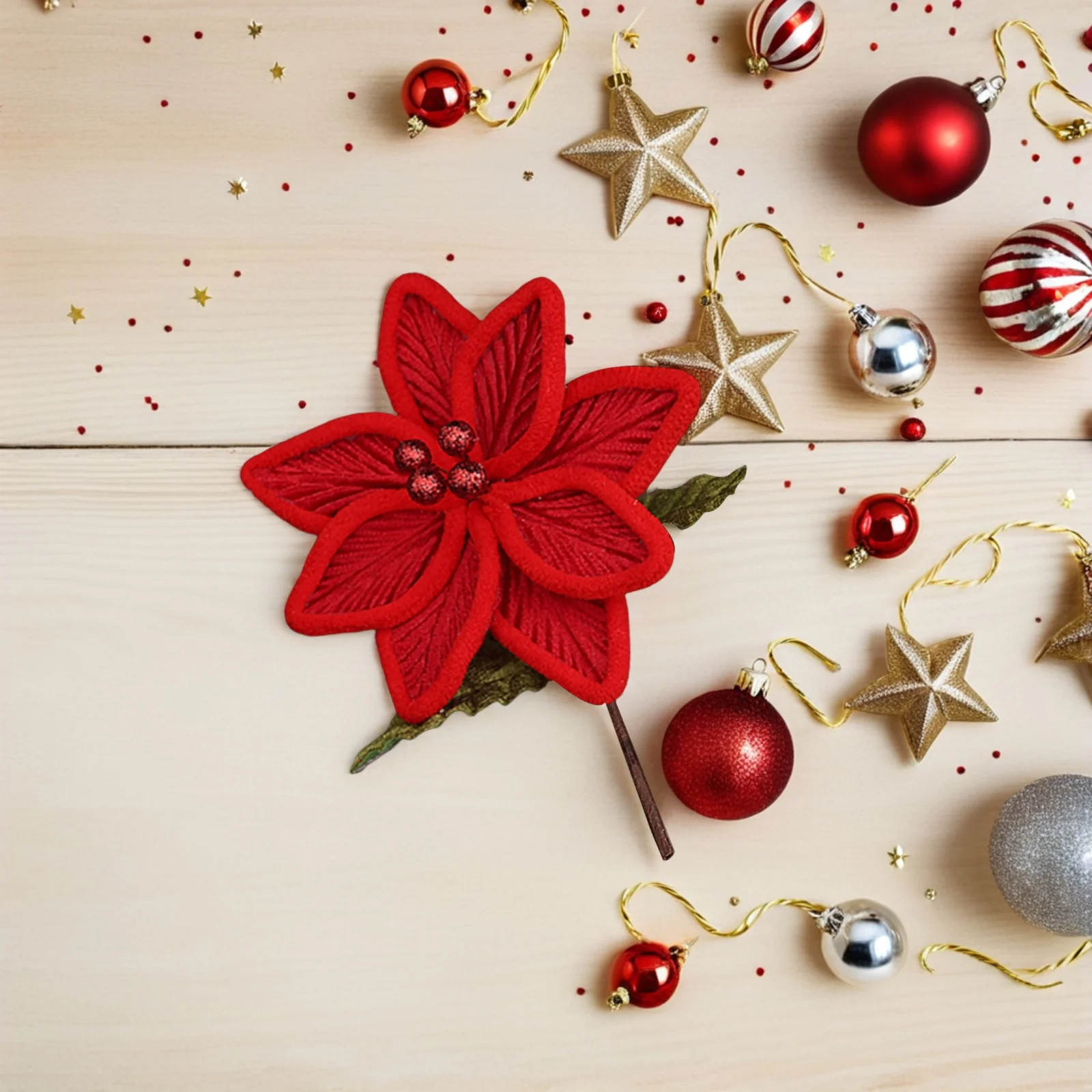 

4Pcs Artificial Christmas Flowers Double Layer Poinsettia Ornaments Indoor Holiday Tree Decorations Faux Xmas Ornaments