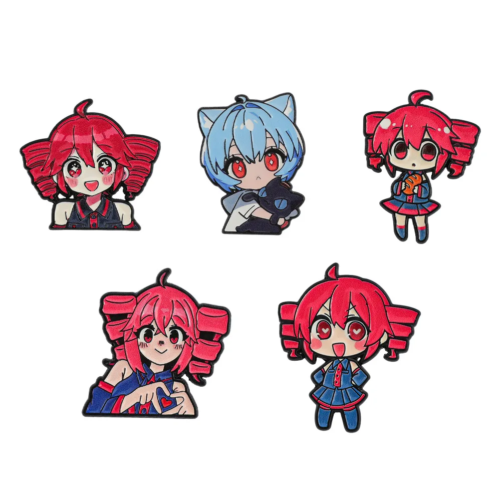 Cute Anime Girl Enamel Pins Set Q‑Version Red Twin‑Tails Blue Cat‑Ear Girl Alloy Brooch Badge for Backpack Lapel Jacket Gift