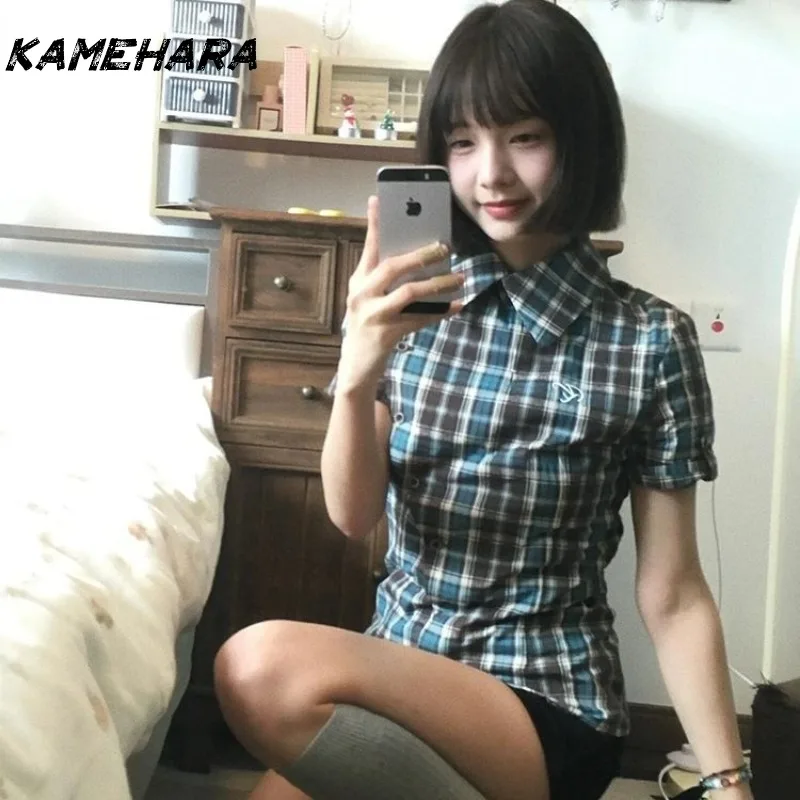 

KAMEHARA Spicy Girl Retro College Style Striped Short Sleeved Shirt Summer Millennium Style Slim Fit Versatile Short Shirt Tops