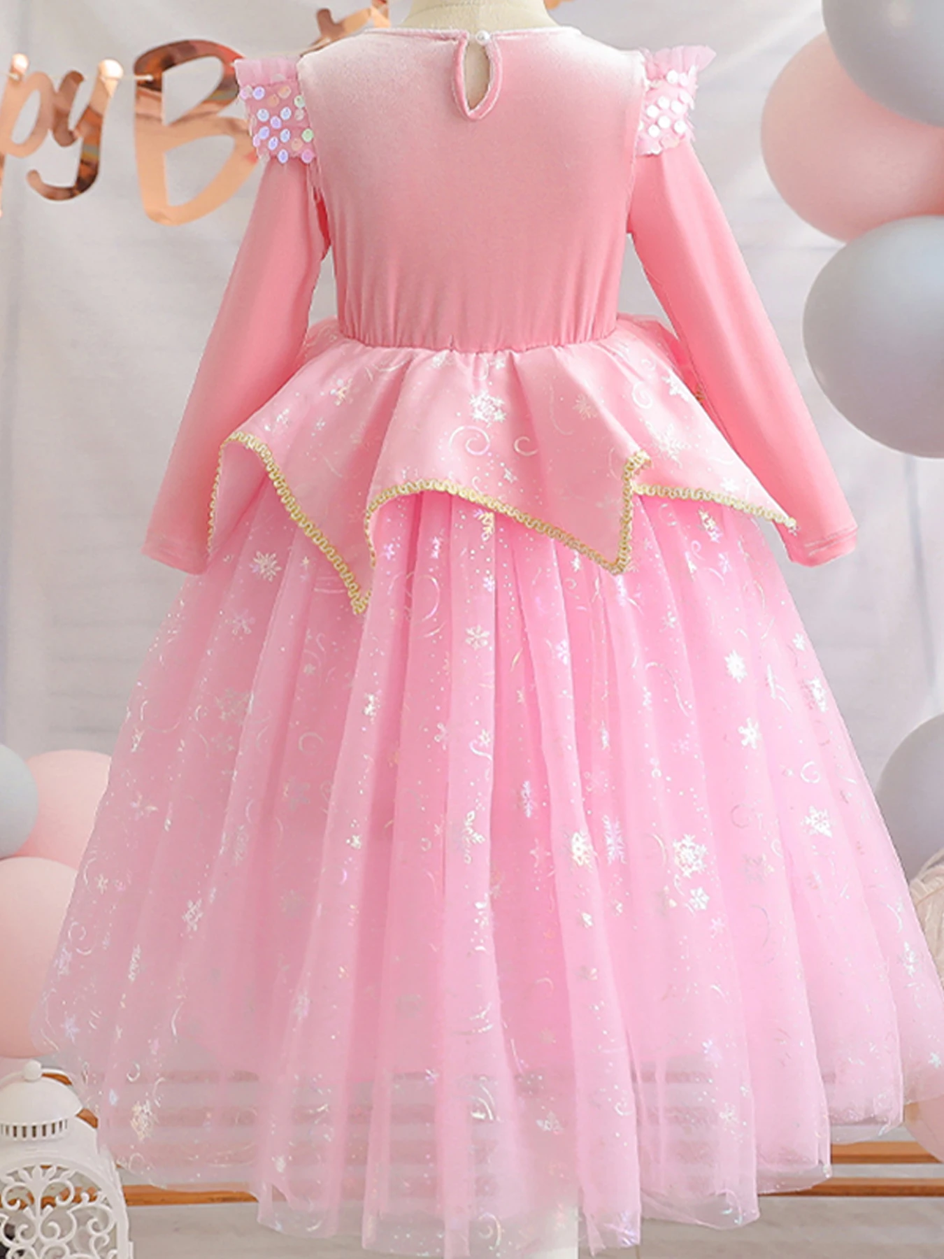 Girls Long Sleeve Aiello Princess Costume Dress Long Sleeve Ruffled Mesh Splicing Sequin Design Shiny Star Pattern Mesh Clothes