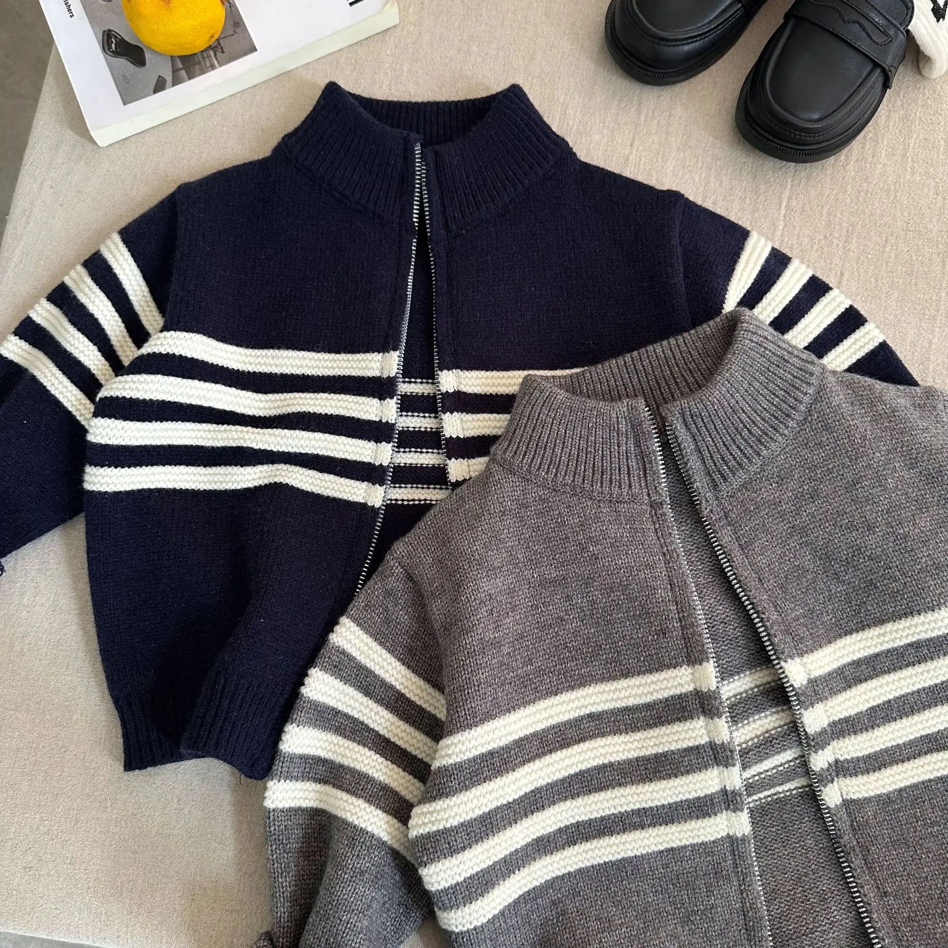 

Children Sweater Coat 2024 Autumn New Boys and Girls Striped Knitted Cardigan Baby Zipper Knitted Coat