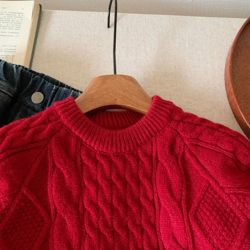 01-Children's pull hiver garçons et filles rétro câble tricot pull bébé nouvel an élégant tricoté pull épais à la mode