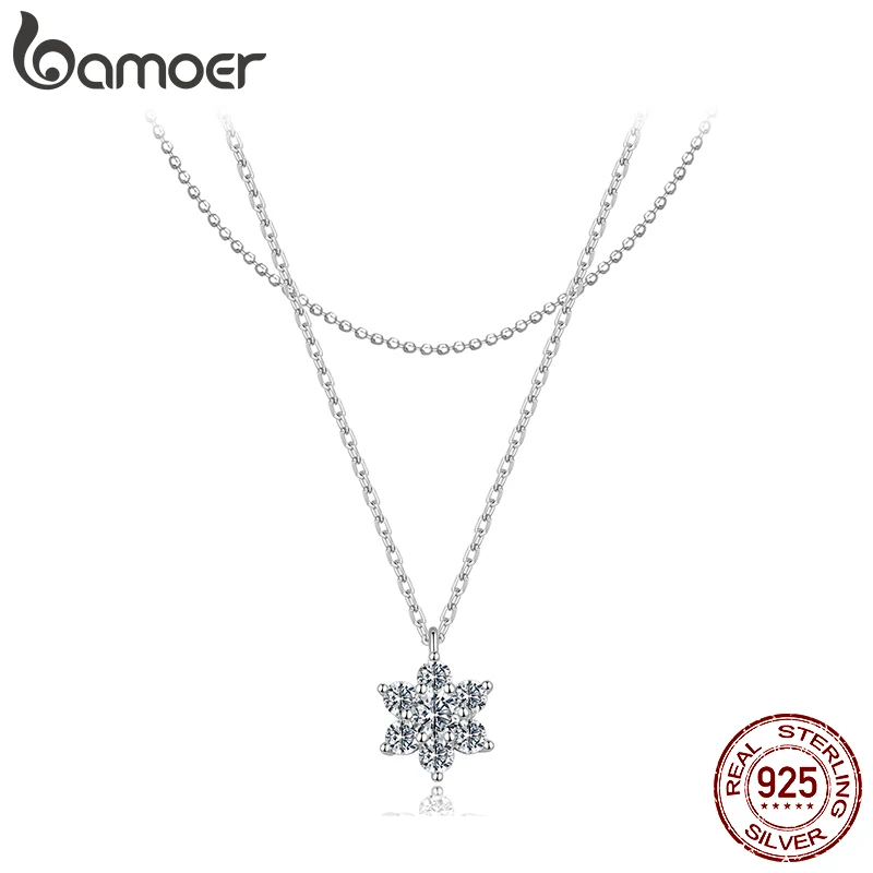 

BAMOER Double-layer Moissanite Necklace for Women, 925 Sterling Silver Snowflake Pendant Necklace for Women Dazzling Winter Gift