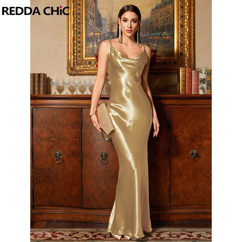 

Женское блестящее платье ReddaChic на бретельках с открытой спиной, облегающее платье с воротником-хомутом без рукавов, Драпированное цельное длинное вечернее платье, элегантная одежда