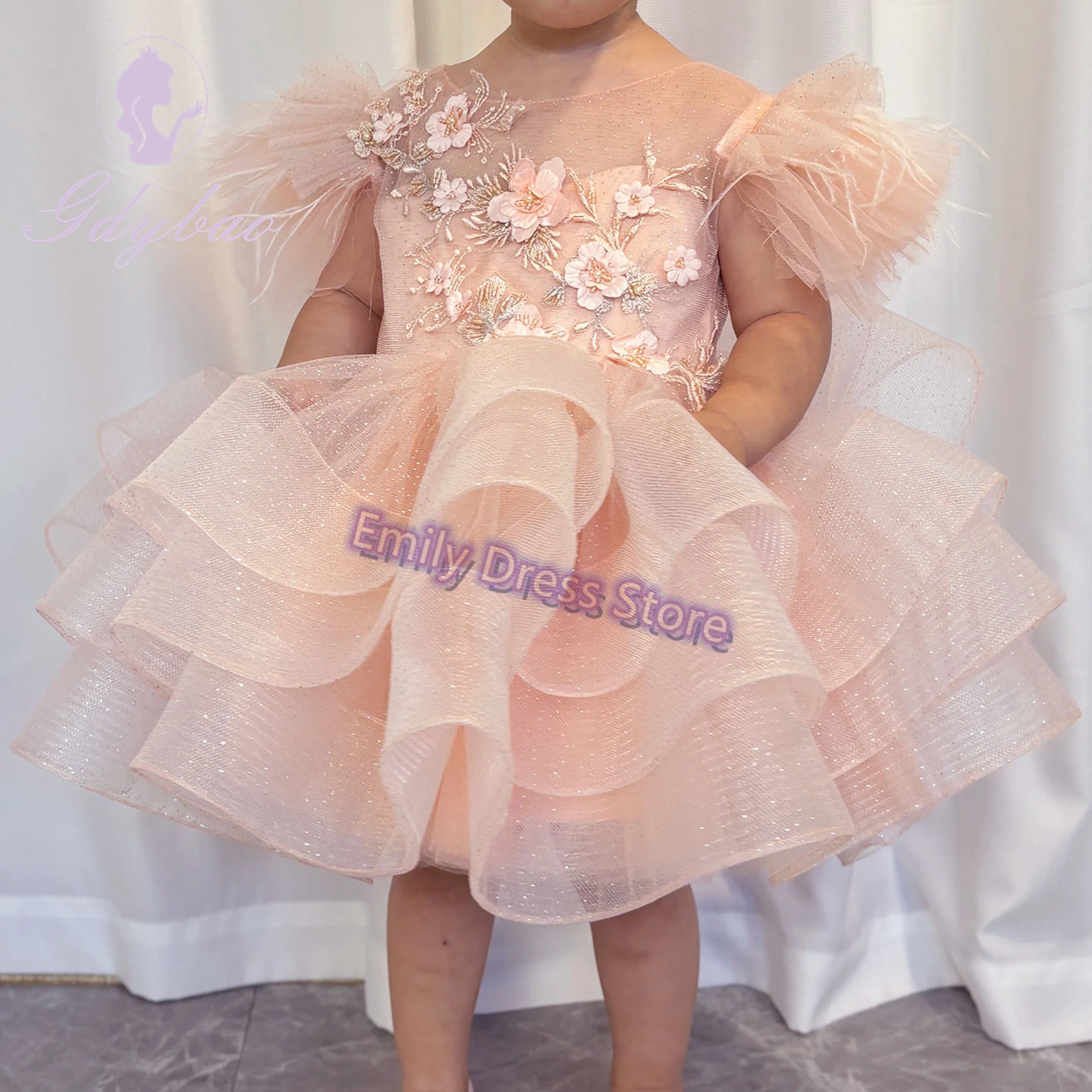 Cute Pink Flower Girl Dress For Wedding 3d Applique Lace Puffy Knee Length Kids Birthday Christmas First Communion Party Gowns