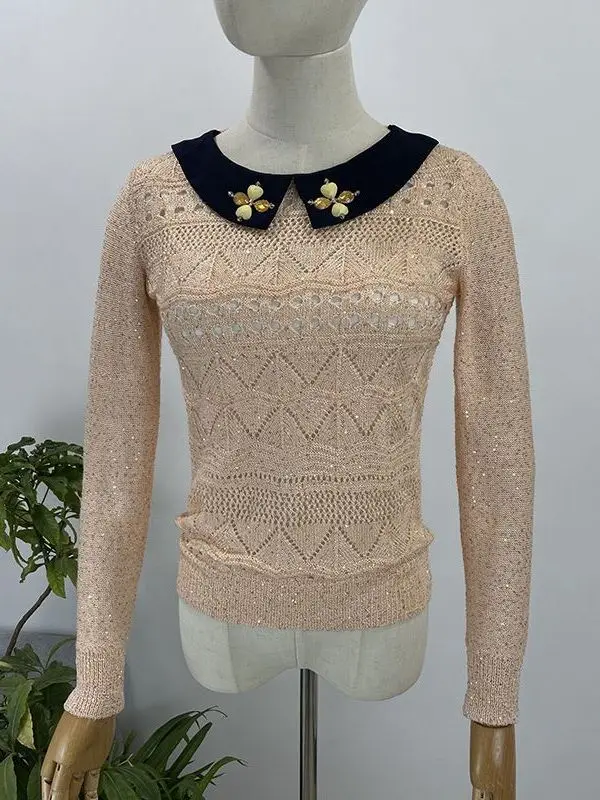 

Girls' Sle Hollow out Embroidered Thin Long Sve Overhead Slim Fit Elastici Knitted Sweater Doll Collar Pure E-commerce