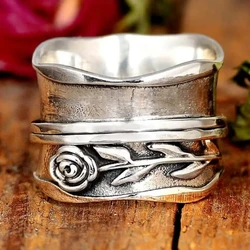 Huitan Aesthetic Rose Rings for Women Irregular Shaped Anti Silver Color Vintage Rings Party Anniversary Gift Statement Jewelry