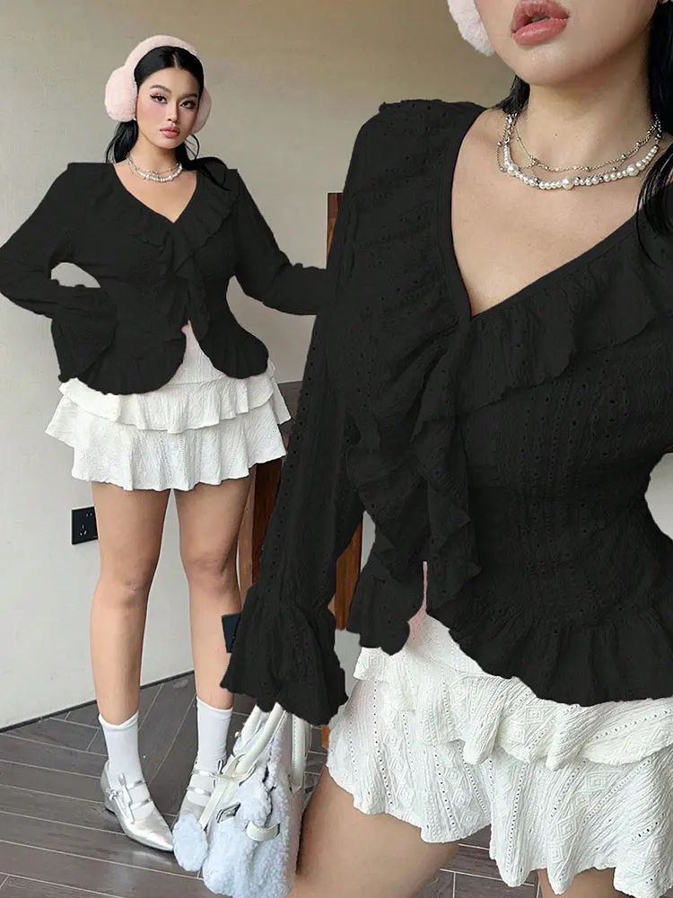 قميص علوي أنيق جديد مكشكش مقاس كبير مع حافة مكشكشة وحاشية غير منتظمة ملابس علوية Kpop تناسب الجميع مقاس كبير ملابس نسائية