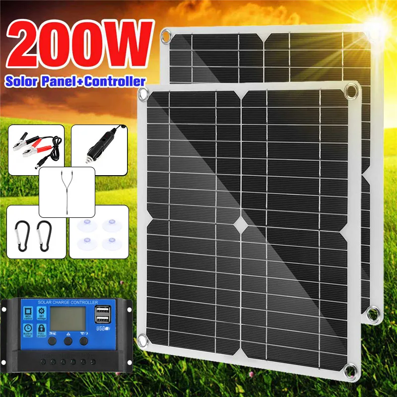 200W Solar Panel Kit With 10A-100A Controller 18V Portable Solar Cell Power Bank for Outdoor Camping Mobile Phone Ipad Camera