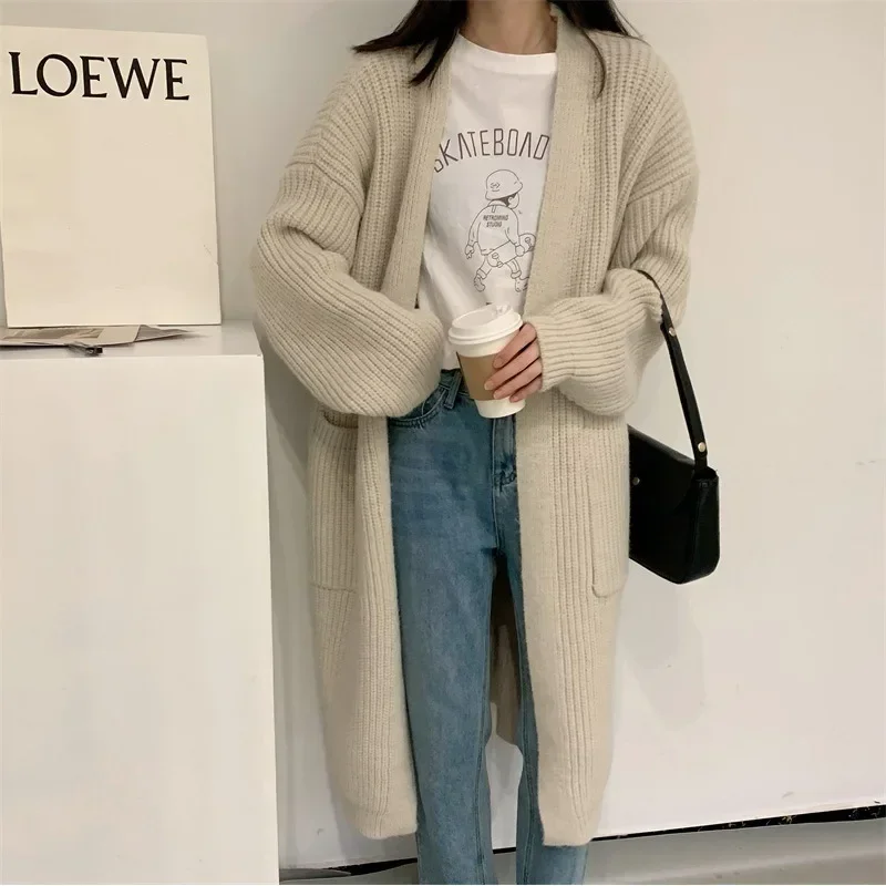 2023 Women Solid Full Sleeve Sweaters Long Coats V Neck Knitted Thick Mid Length Cardigan Splice Loose Casual Autumn Winter