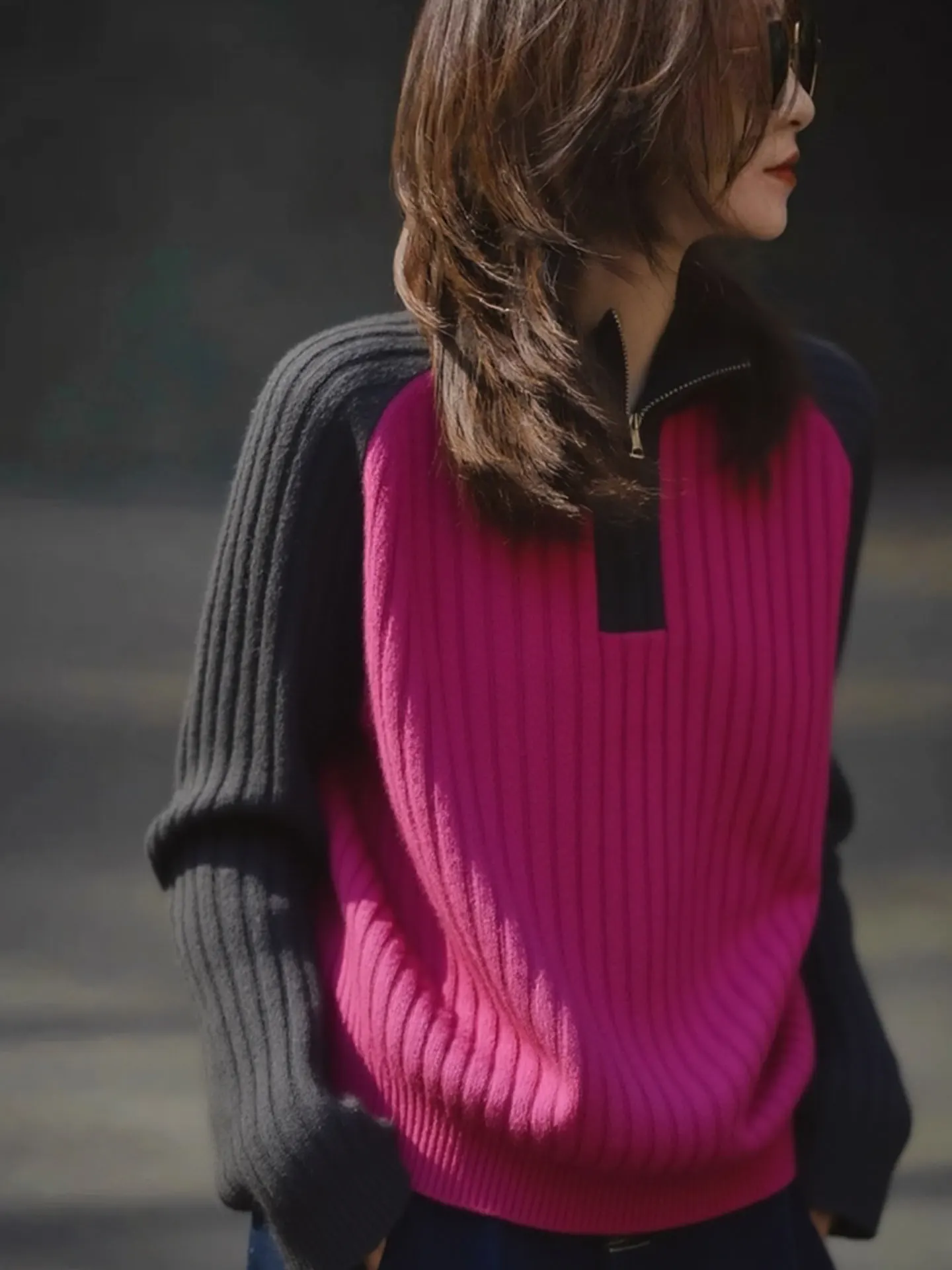 

Свободный вязаный свитер с длинными рукавами на молнии, в стиле колор-блок, зимний модный топ, европейский элитный бренд, контрастный вязаный трикотаж с цветовыми блоками