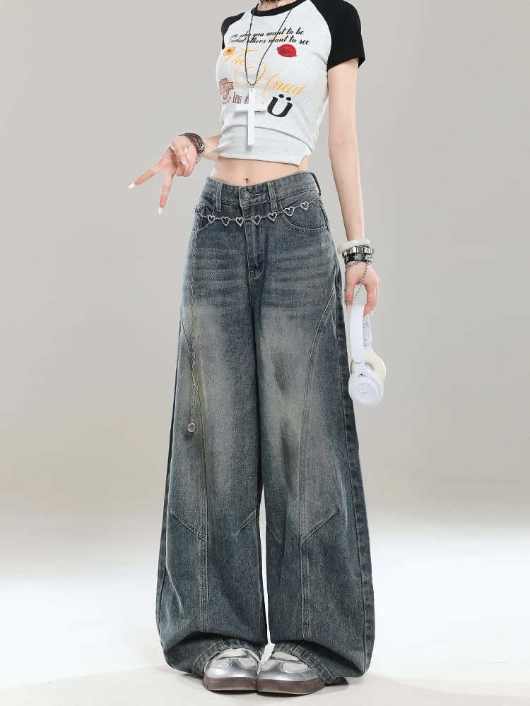 American Style Vintage Faded High Waist Straight Leg Jeans Women's New Design Loose Slim Wide Leg Long Pants Summer Wear