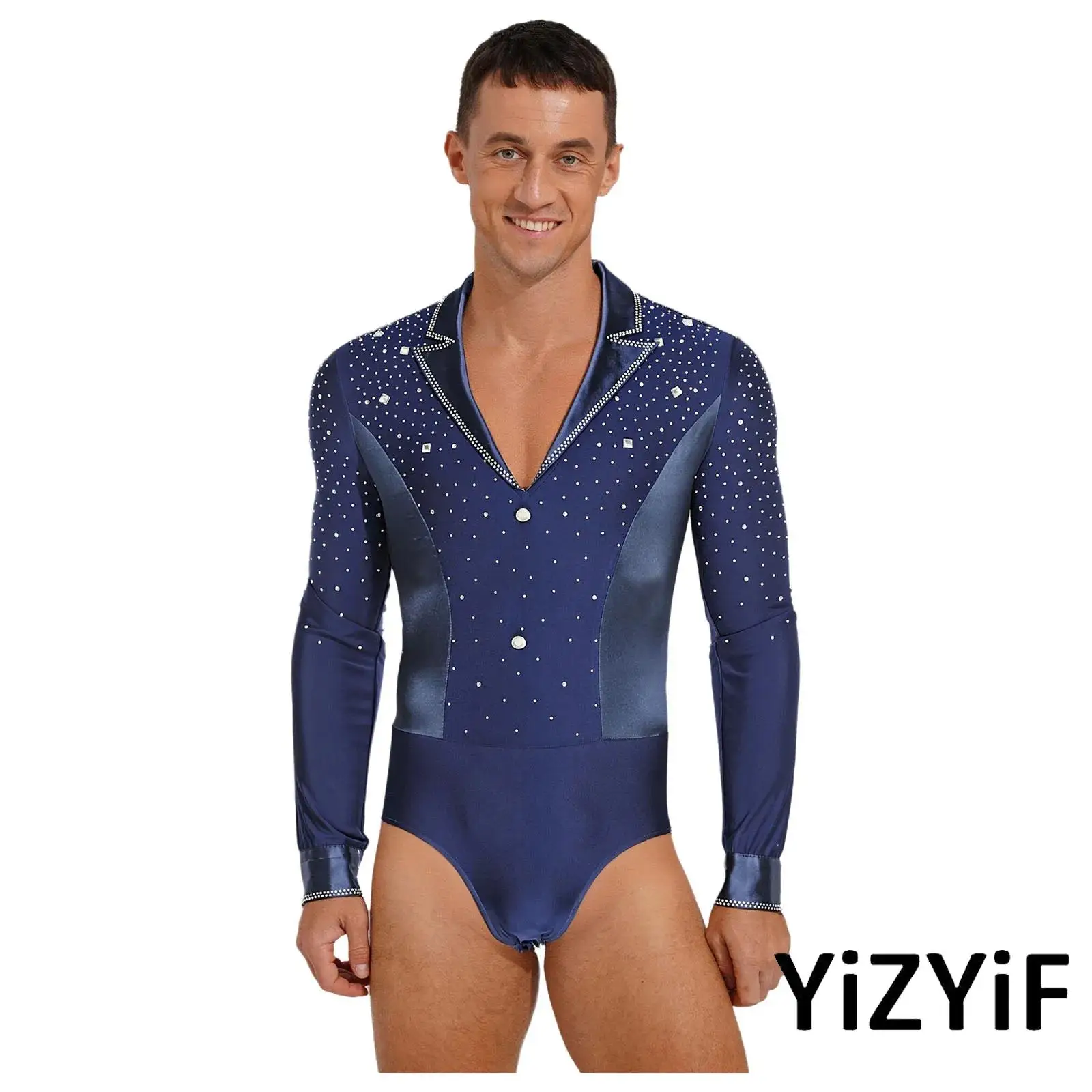 

Men Latin Tango Dance Bodysuit Glittery Rhinestone V Neck Long Sleeve Openable Crotch Leotard Jumpsuit for Chacha Figure Skating