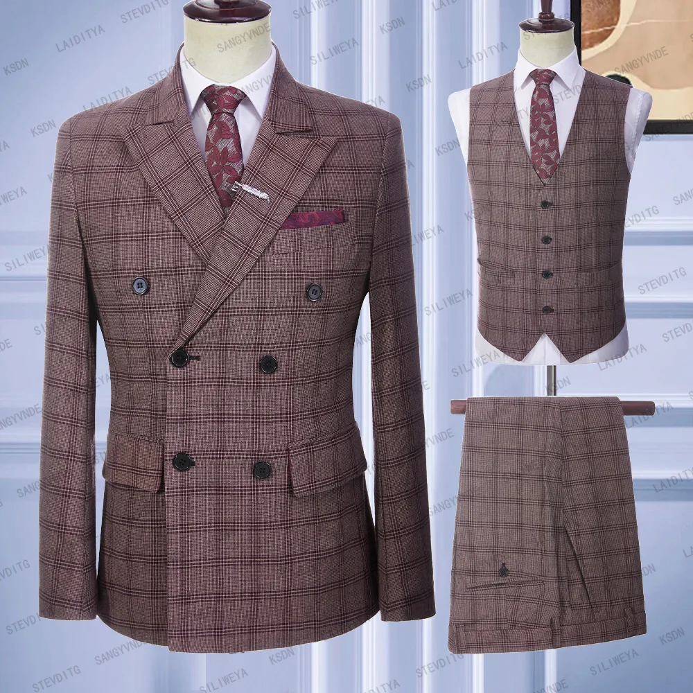 

2023 Latest Men Double Breasted Linen Suits Wine Red Reto Classic Plaid Slim Fit Tuxedos Wedding 3 Pcs Set Jacket Vest Pants