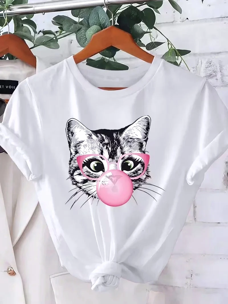 Summer The Bubble Blowing Cat Print Cute Round Neck Short Sleeved T-shirt Women Clothes  Y2k Gothic Summer Casual Funny Clothing