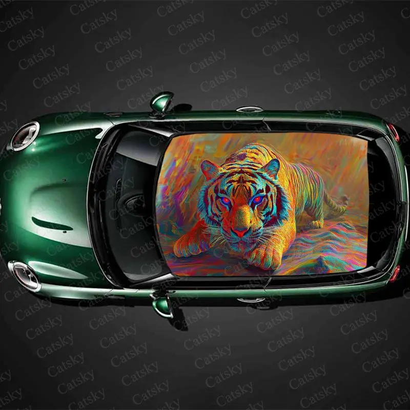 Red Eyed Tiger Lying Down Car Roof Sticker Wrap Racing SUV Auto Accessories Packaging PVC Car Hood Graphic Decal Decoration