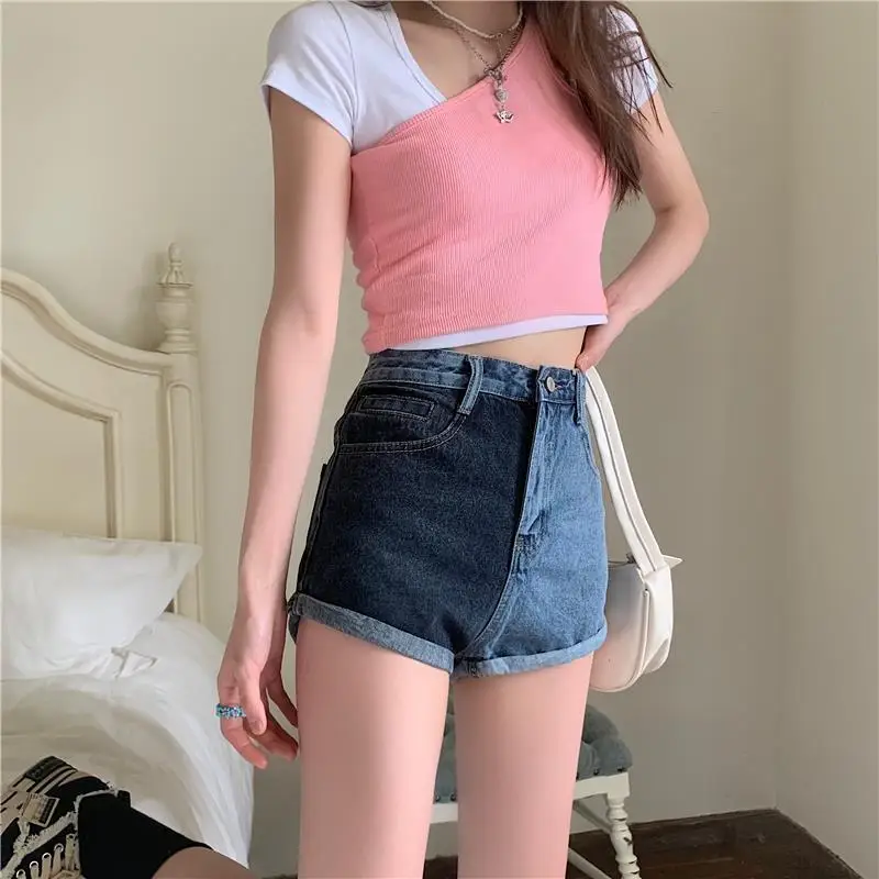Denim Shorts Color Blocked High Waist 2024 Summer Korean Version Women Large Size Thin Versatile A-Line Wide Leg Hot Pants
