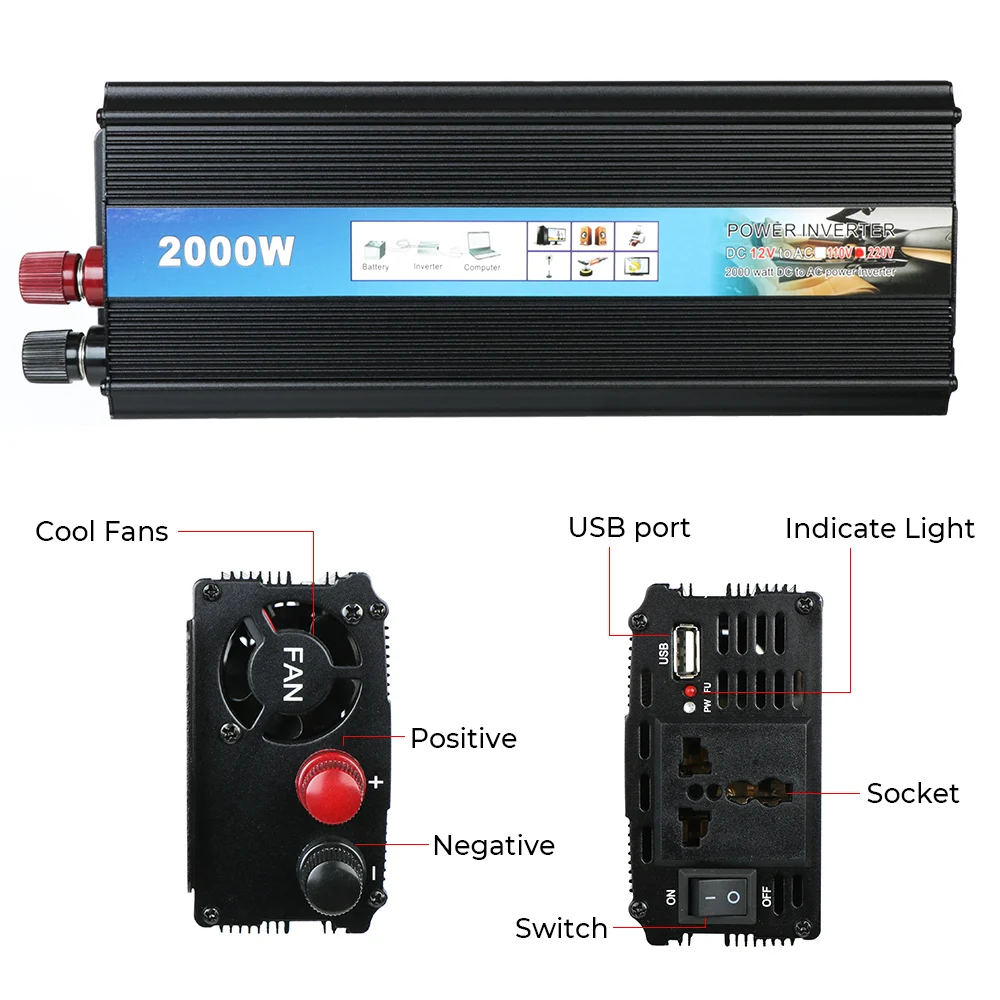 Power Inverter with USB Charger Modified sine wave inverter Univesal 1000W 2000W DC 12v To AC 220V Car Voltage Converter