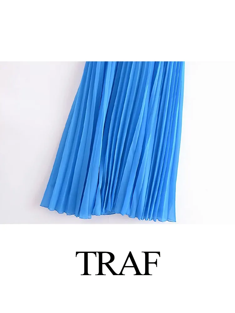 TRAF 2023 New Women Fashion Solid Casual Sexy Pleated Dress Elegant Halter Hollow Out For Party Backless Sleeveless Dresses