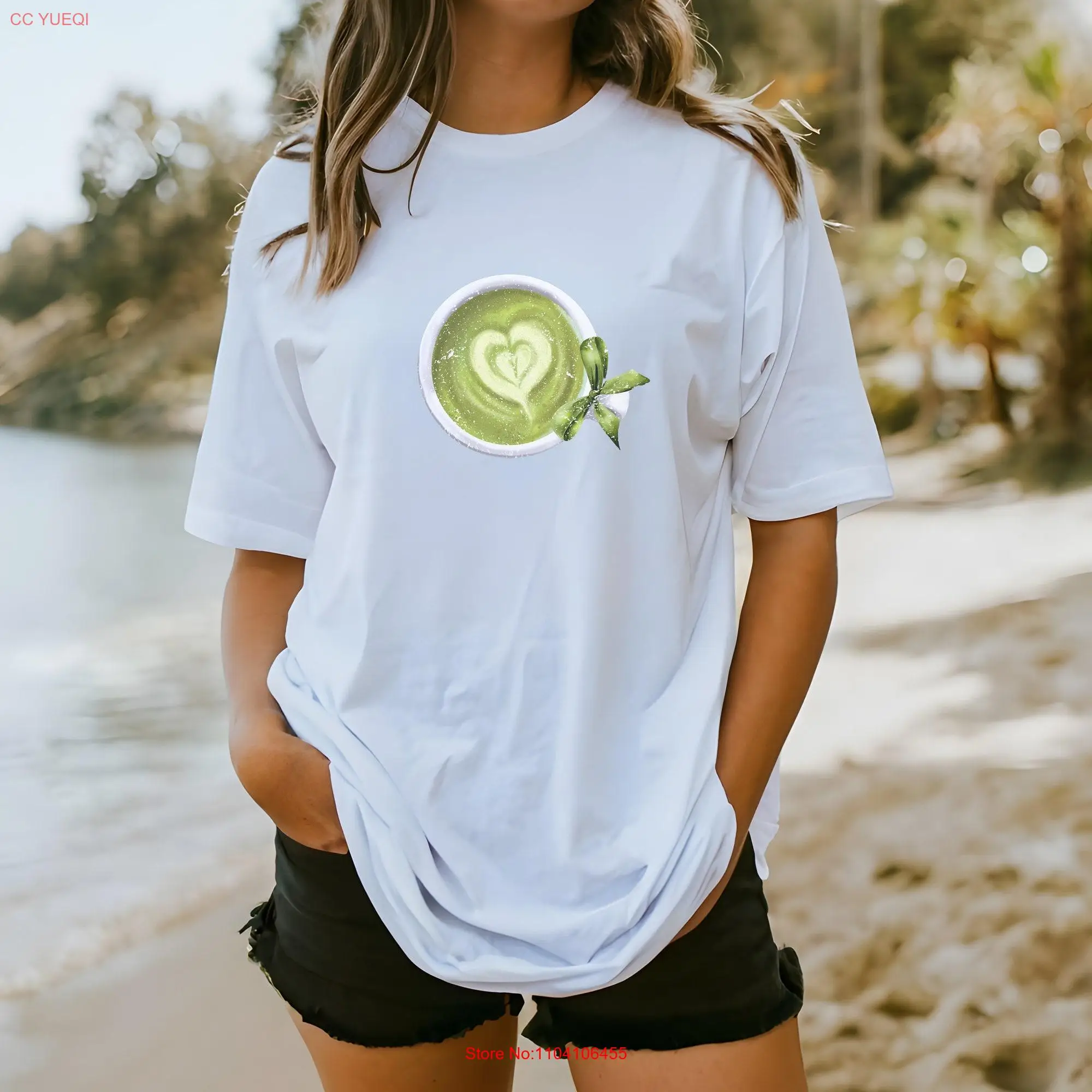 Matcha Green Tea Cup with Bow Summer T Shirt Latte Retro Preppy coffee lover gift long or short sleeves