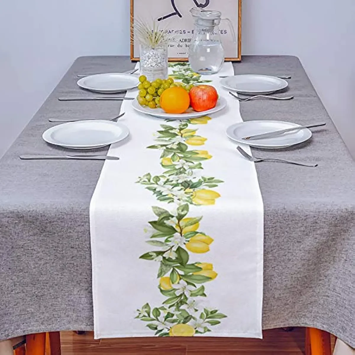 Summer Lemon Leaves Linen Table Runners Table Decor Reusable Farmhouse Table Runners for Dining Wedding Decorations