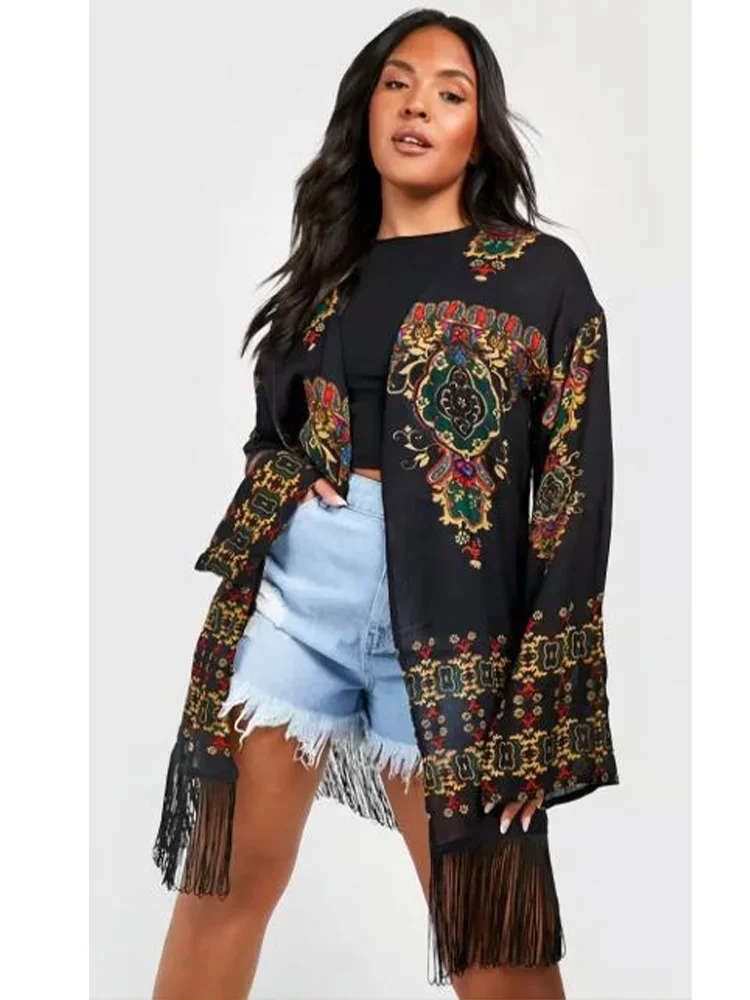 Women Tassel Cardigans India Folk Vintage Plus Size Thin Coat Print Vintage Autumn Casual Long Sleeve Outerwear Top 2024