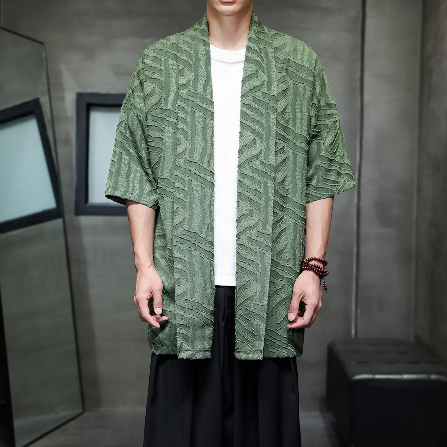 Chinese Style Short Sleeve Cardigan Kimono Traditional Taoist Robe Shawl Coat Casual Loose Open Front Windbreaker Outerwear