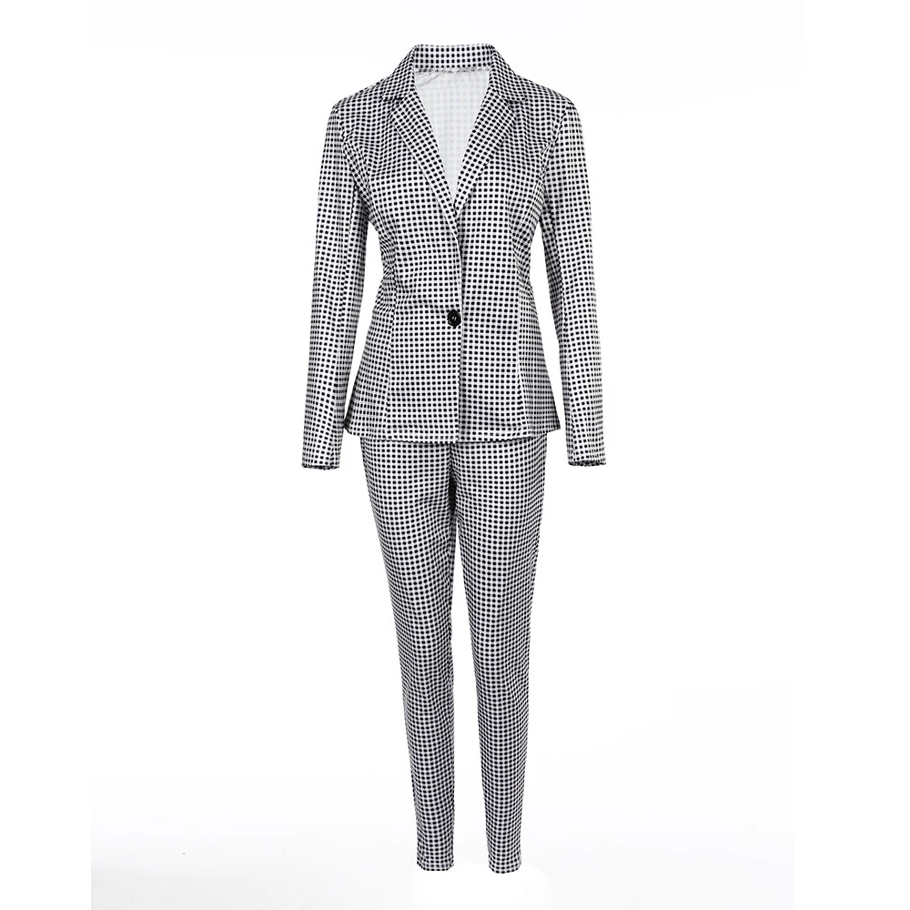 Women\'s 2Pcs/Set Long Sleeve Plaid Work Blazer Suit Sets Female Lady Open Stitch Drawstring Pants Sets Office OL Style Clothing