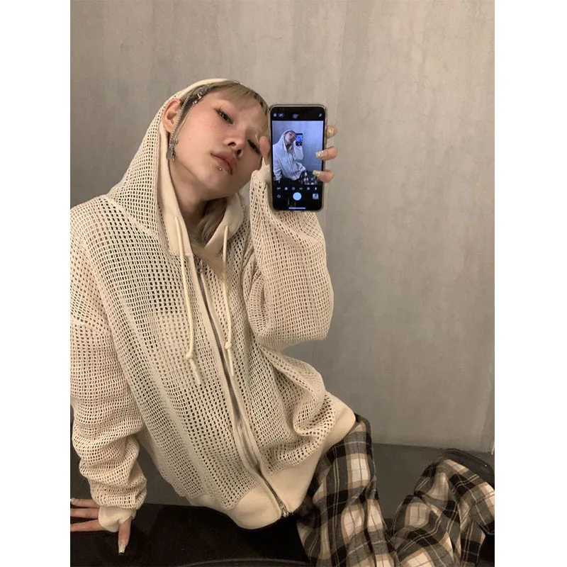 Deeptown Harajuku Grunge Knitted Cardigans Women See Through Y2k Oversized Hollow Out Crochet Tops Sweaters Gothic Streetwear