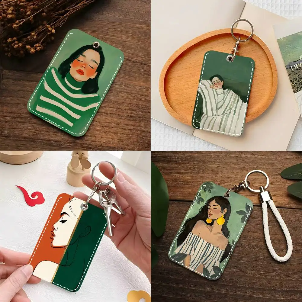 1pc Minimalist Female Green Background Card Case Keychain Access Card Bag Key Tag Ring Leather Card Holder Key Ring Access
