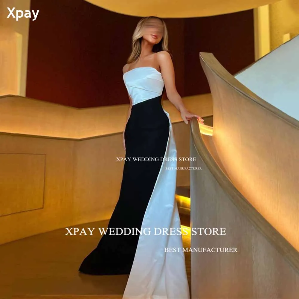 

XPAY White Black Strapless Evening Dresses Saudi Arabic Elegant Satin Prom Gown Special Occasion Dress Pleat Floor Party Gown