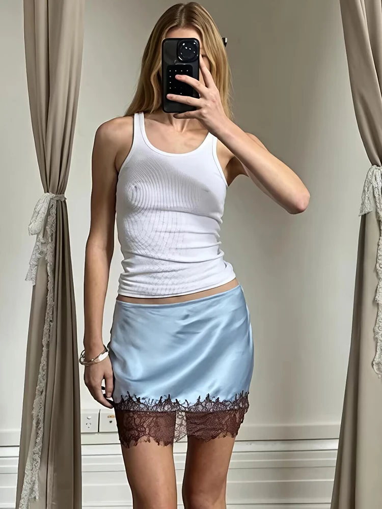 Blifanbo Lace Patchwork Sexy Mini Skirt For Women Elegant Stain Straight Elastic Female Skirt Casual Slim Fashion Streetwear