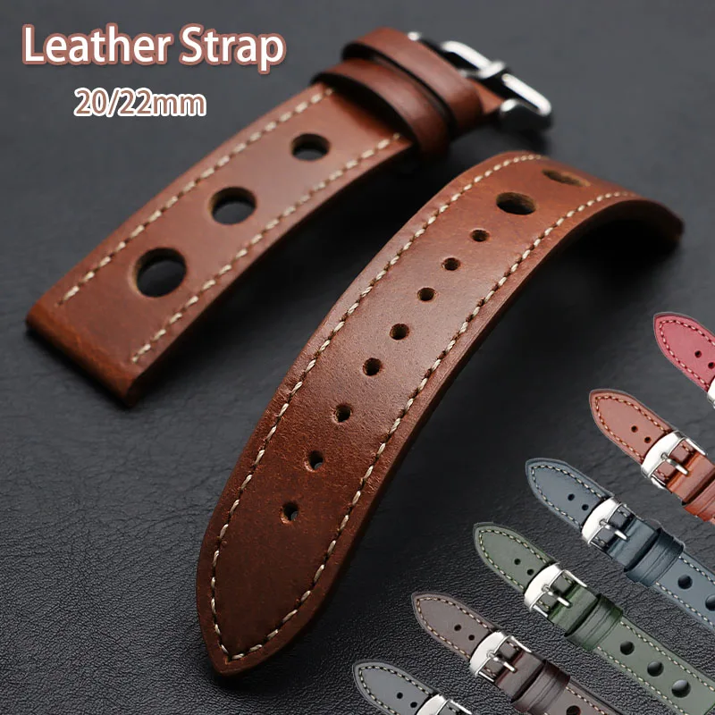 20mm 22mm Genuine Leather Watch Band Large Hole Breathable Cowhide Strap Vintage Oil Wax Stitching Bracelet Universal Wristband