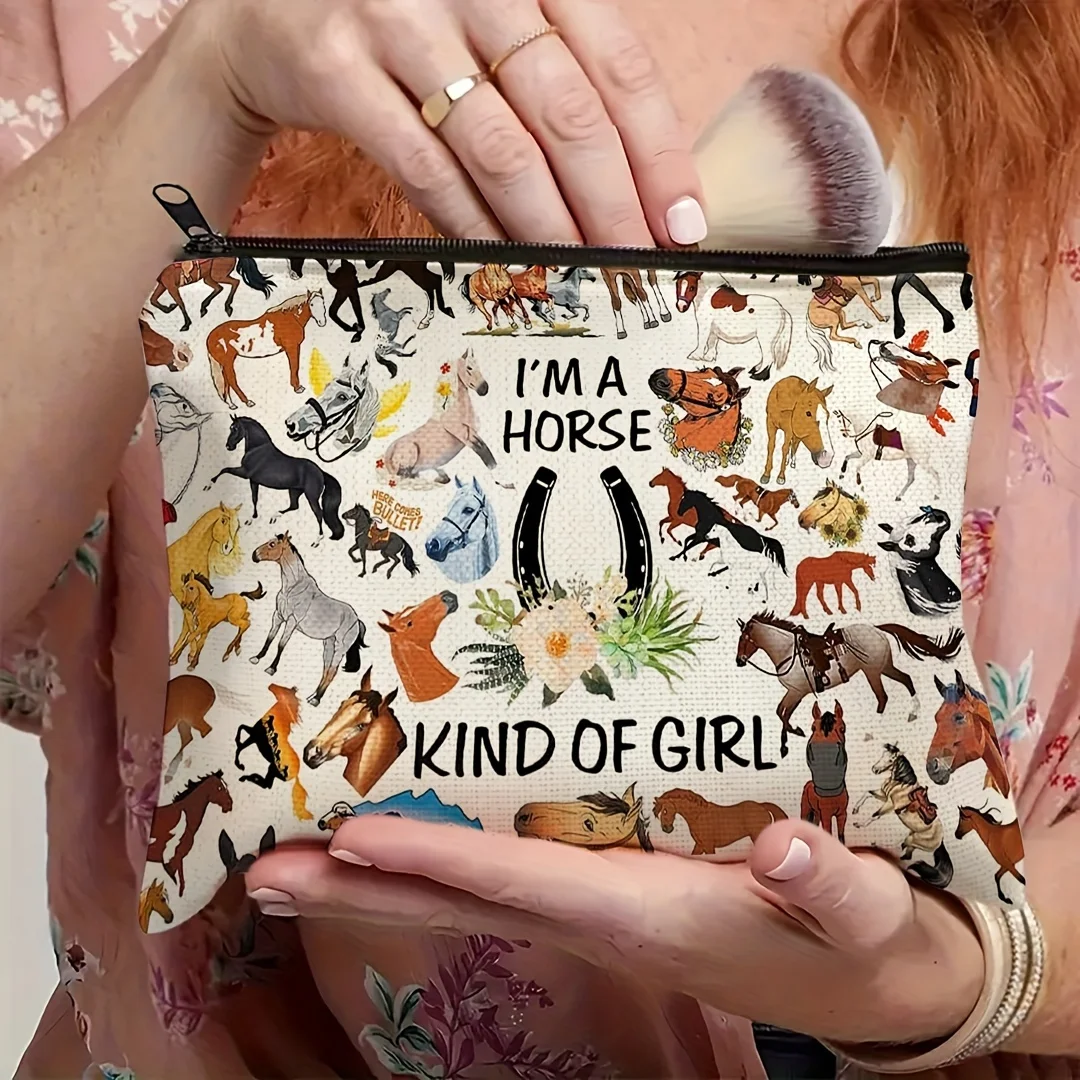 Durable Polyester Equestrian Chic Makeup Bag - Ideal For Travel & Outdoor Adventures, Perfect Gift For Horse Lovers