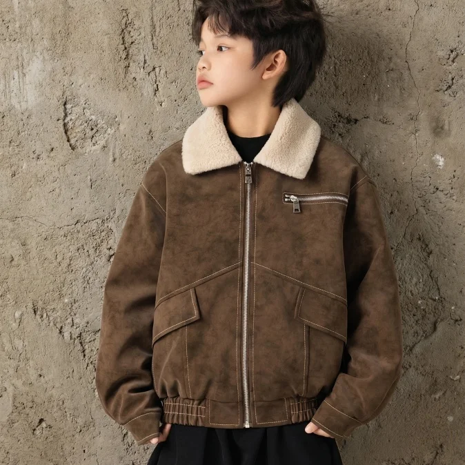 Boys Children's Thickened Fleece Leather Jacket Baby Teenager Winter Coat Warm Stylish Korean Style Kids' Outerwear 2