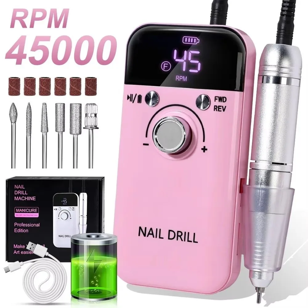 Professional Electric Nail Drill Machine 45000RPM Rechargeable Nail Sander File Portable Low Noise Manicure Salon Tool