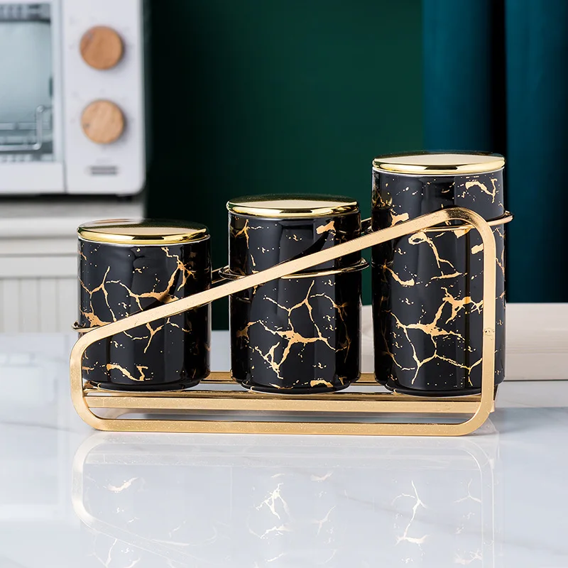 

European Gold-plated Marbled Ceramic Storage Jar with Gold Lid Storage Rack Multigrain Candy Storage Jar Sealed Coffee Tea Can