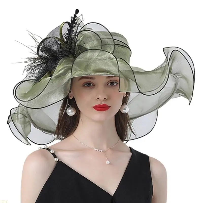 15YC Sommer-Bowlerhut aus Organza, Cloche für Damen und Mädchen, Party, Hochzeit, Foto-Requisiten, Organza-Bowknot-Hut mit – Detail 8