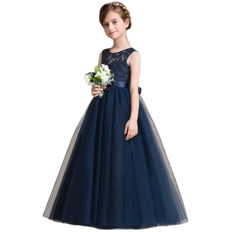 Vestido corto de princesa de encaje azul marino para niñas, tutú de fiesta, vestido de desfile para niñas de 2 4 6 8 10 12 14 años