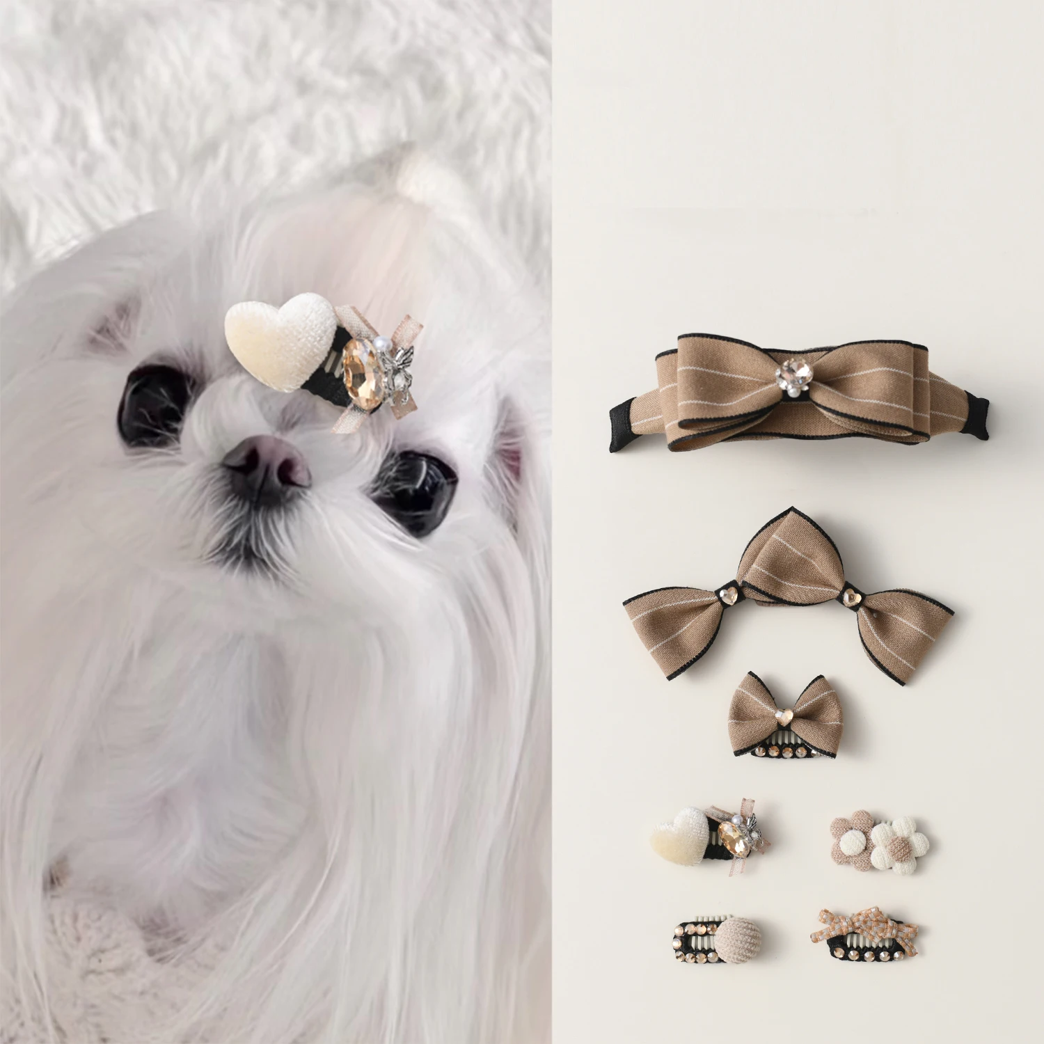 

Puppy Dog Hairpins Fine Retro Khaki Stripe Bow Crystal Handmade Hair Wears Cute Hairclips For Puppy Dog Chihuahua Pet Supplies