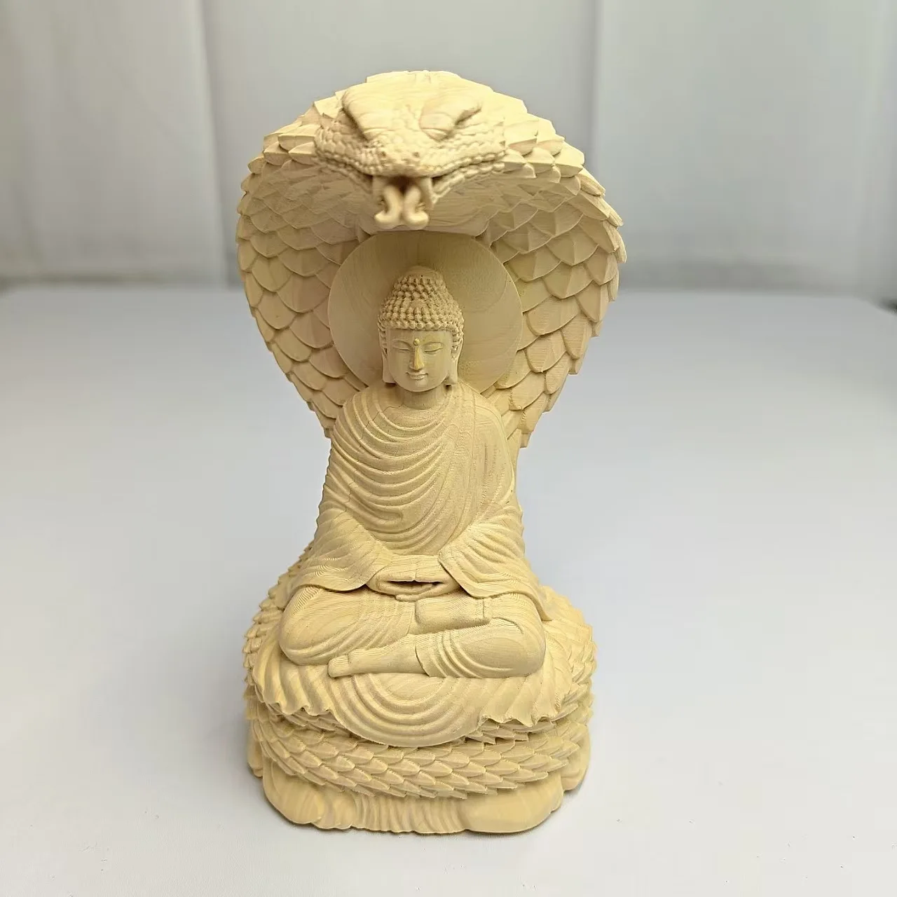 Solid Boxwood Carving Snake‑Guarding‑Buddha Ornament, Hand‑made Mini Sculpture, Tabletop & Vehicle Display Art Present