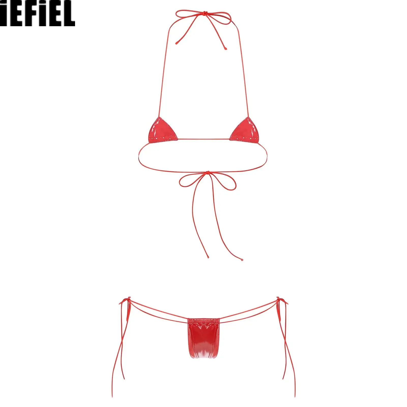 Womens Micro Bikini Set Wet Look Patent Leather Two-Piece Lingerie Suit Halter Lace-up Bra with Low Rise G-string