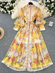 Spring France Elegant Vintage High End Evening Dress Women Sashes Print Button Long Party Dress Female Casual Holiday Clothing